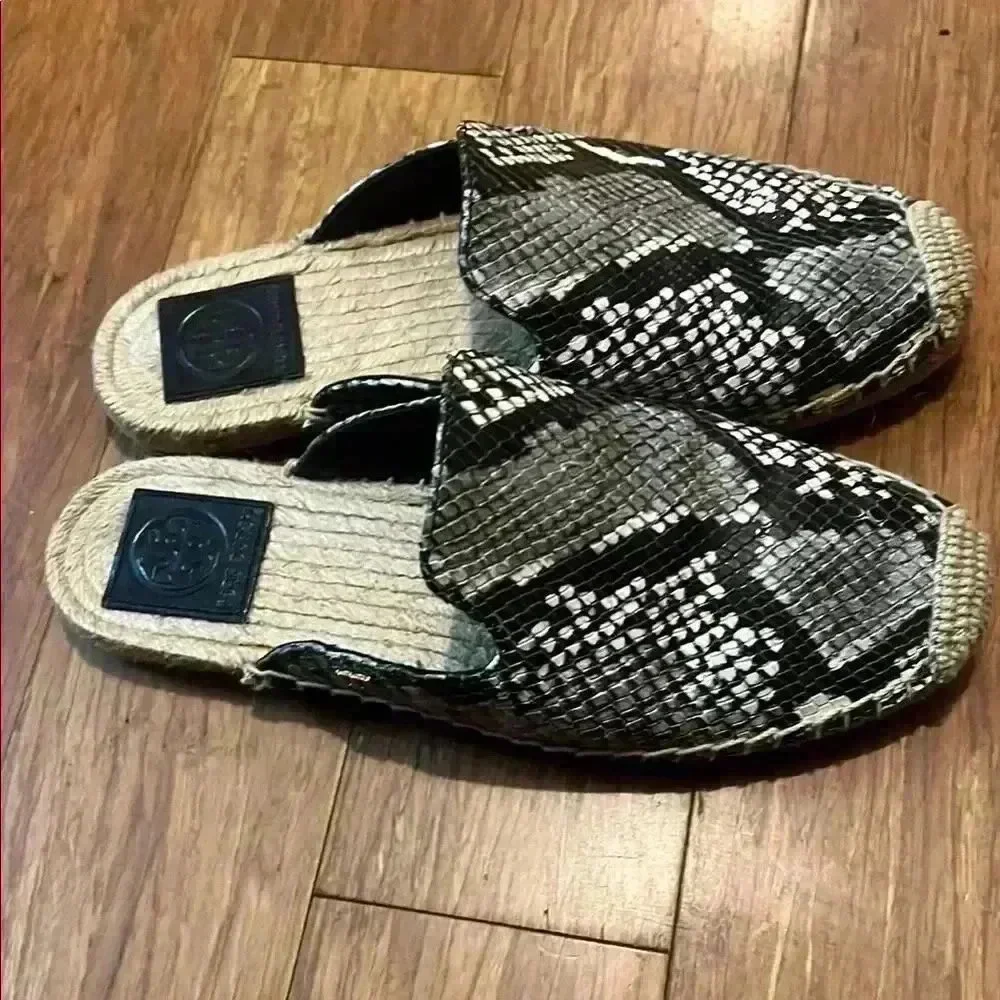 Tory Burch Black and White Snake Print Espadrilles